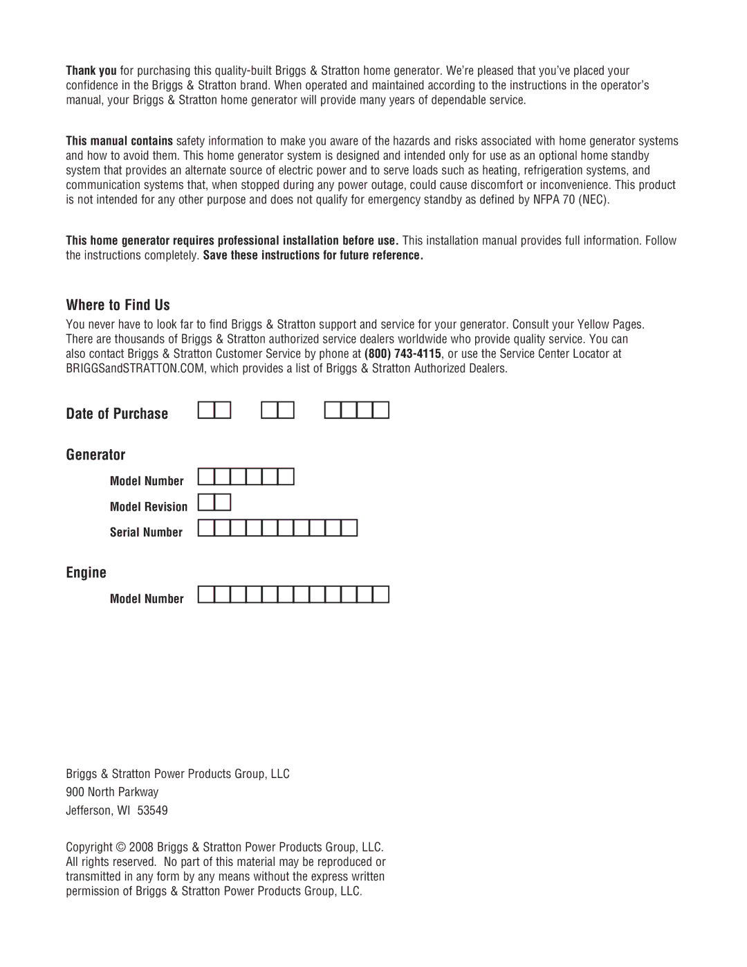 Briggs & Stratton 10000 Watt manual Where to Find Us, Date of Purchase Generator, Engine, Model Number 