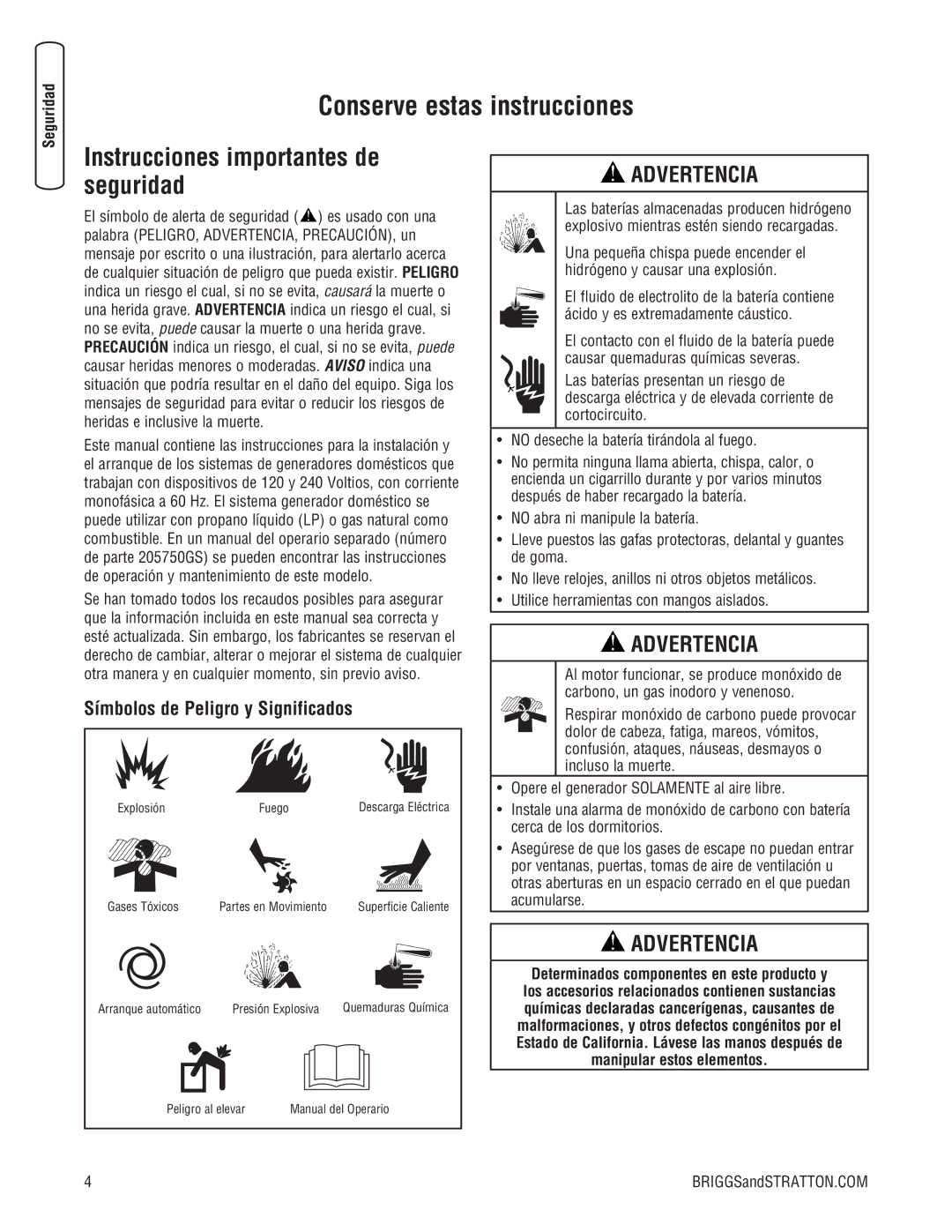 Briggs & Stratton 10000 Watt manual Conserve estas instrucciones, Símbolos de Peligro y Significados 