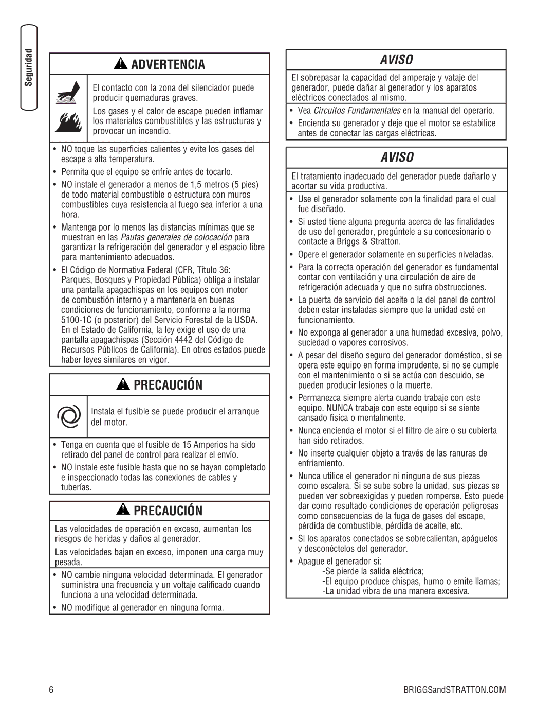 Briggs & Stratton 10000 Watt manual Instala el fusible se puede producir el arranque del motor 