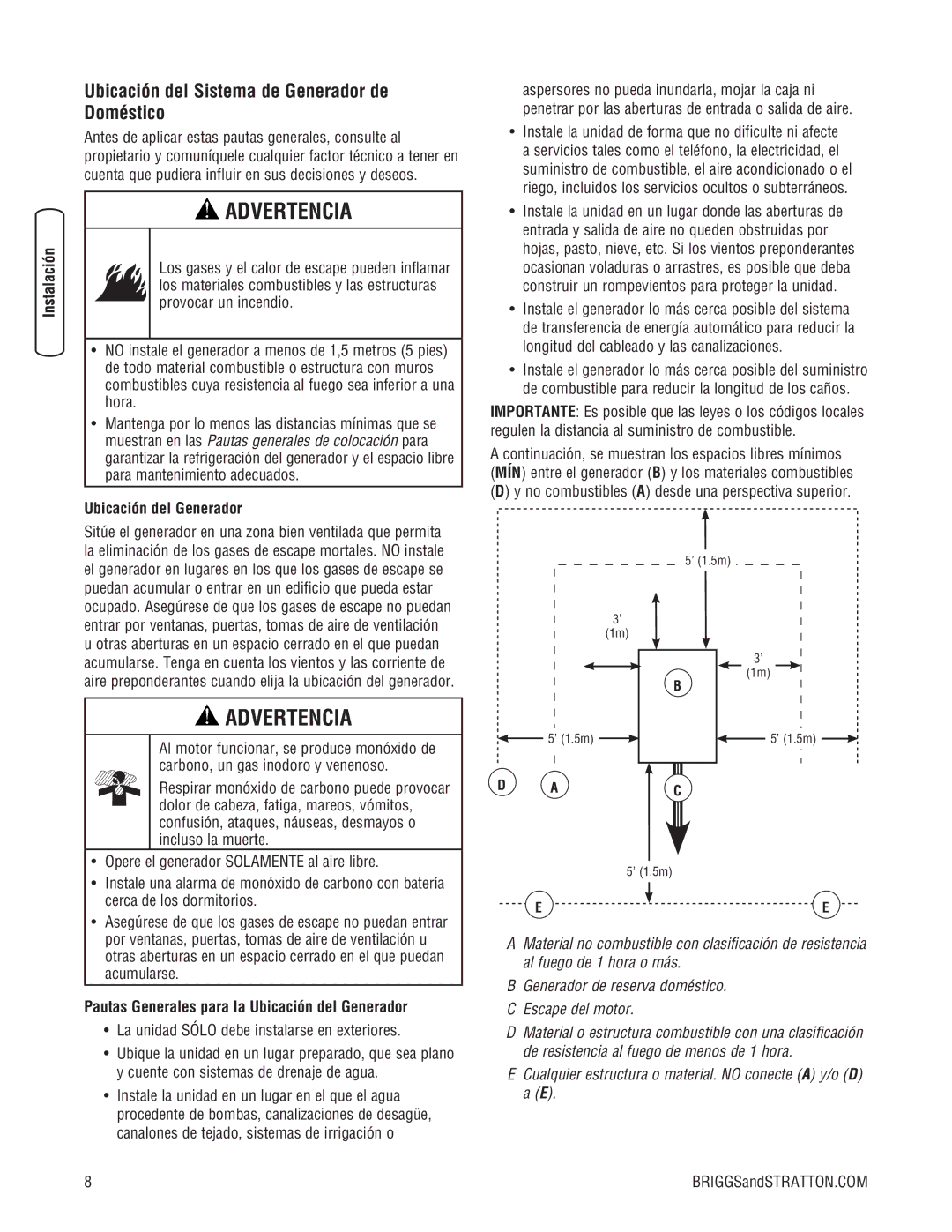 Briggs & Stratton 10000 Watt manual Ubicación del Sistema de Generador de Doméstico, Ubicación del Generador 