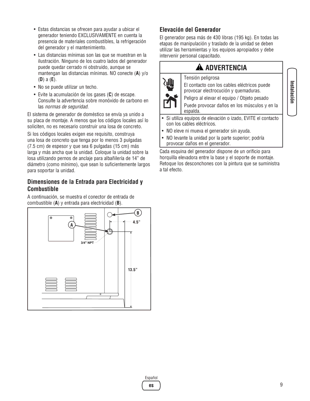 Briggs & Stratton 10000 Watt manual Elevación del Generador, Dimensiones de la Entrada para Electricidad y Combustible 