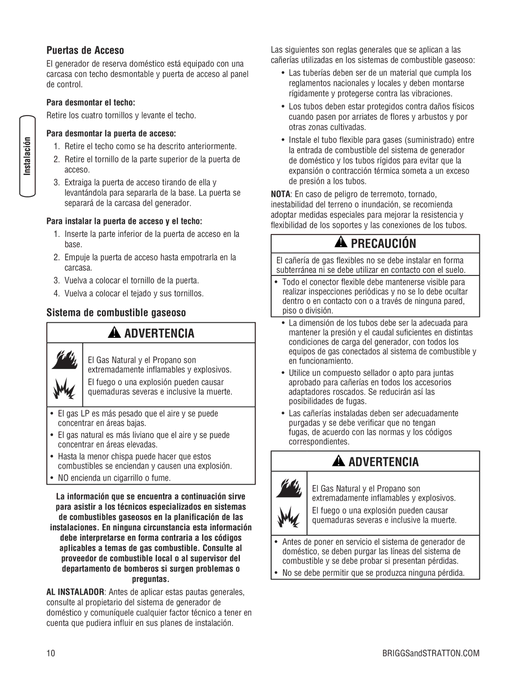 Briggs & Stratton 10000 Watt manual Puertas de Acceso, Sistema de combustible gaseoso, Para desmontar el techo 