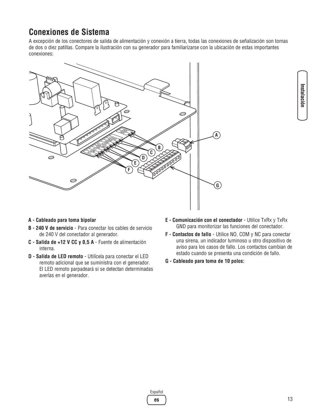 Briggs & Stratton 10000 Watt manual Conexiones de Sistema, Cableado para toma bipolar, Cableado para toma de 10 polos 