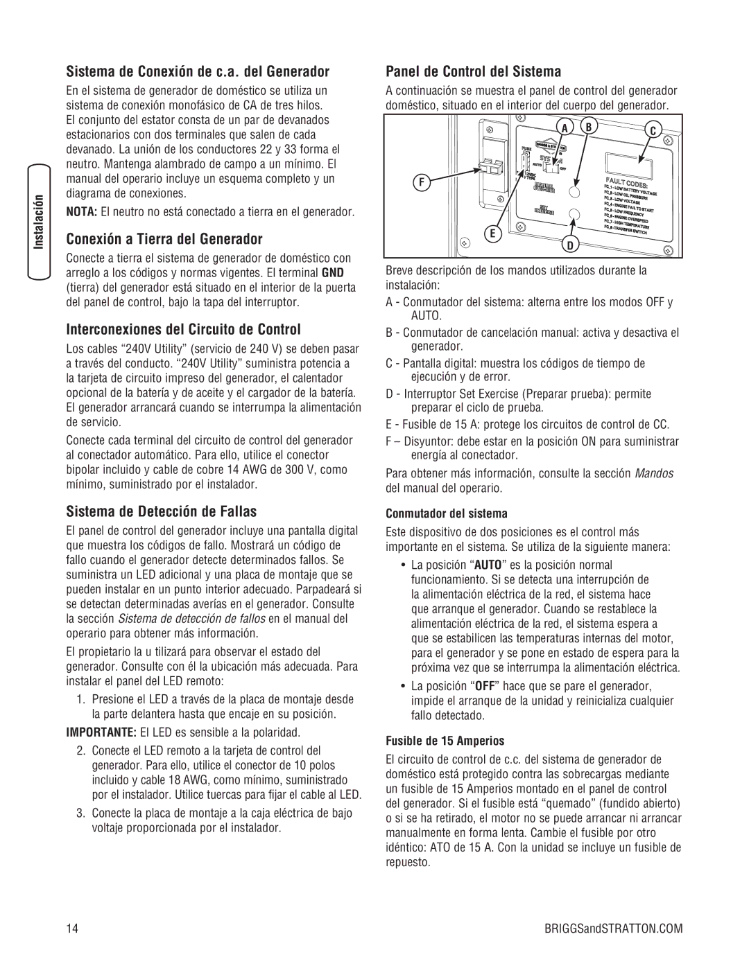 Briggs & Stratton 10000 Watt manual Sistema de Conexión de c.a. del Generador, Conexión a Tierra del Generador 