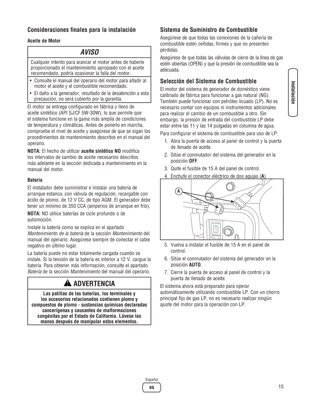 Briggs & Stratton 10000 Watt manual Consideraciones finales para la instalación, Sistema de Suministro de Combustible 