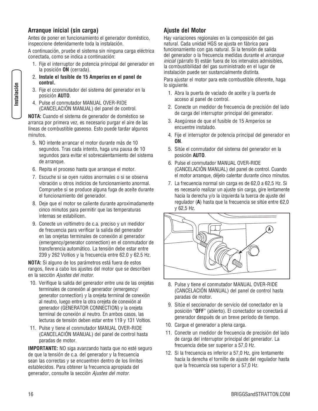 Briggs & Stratton 10000 Watt manual Arranque inicial sin carga, Ajuste del Motor, 62,5 Hz 