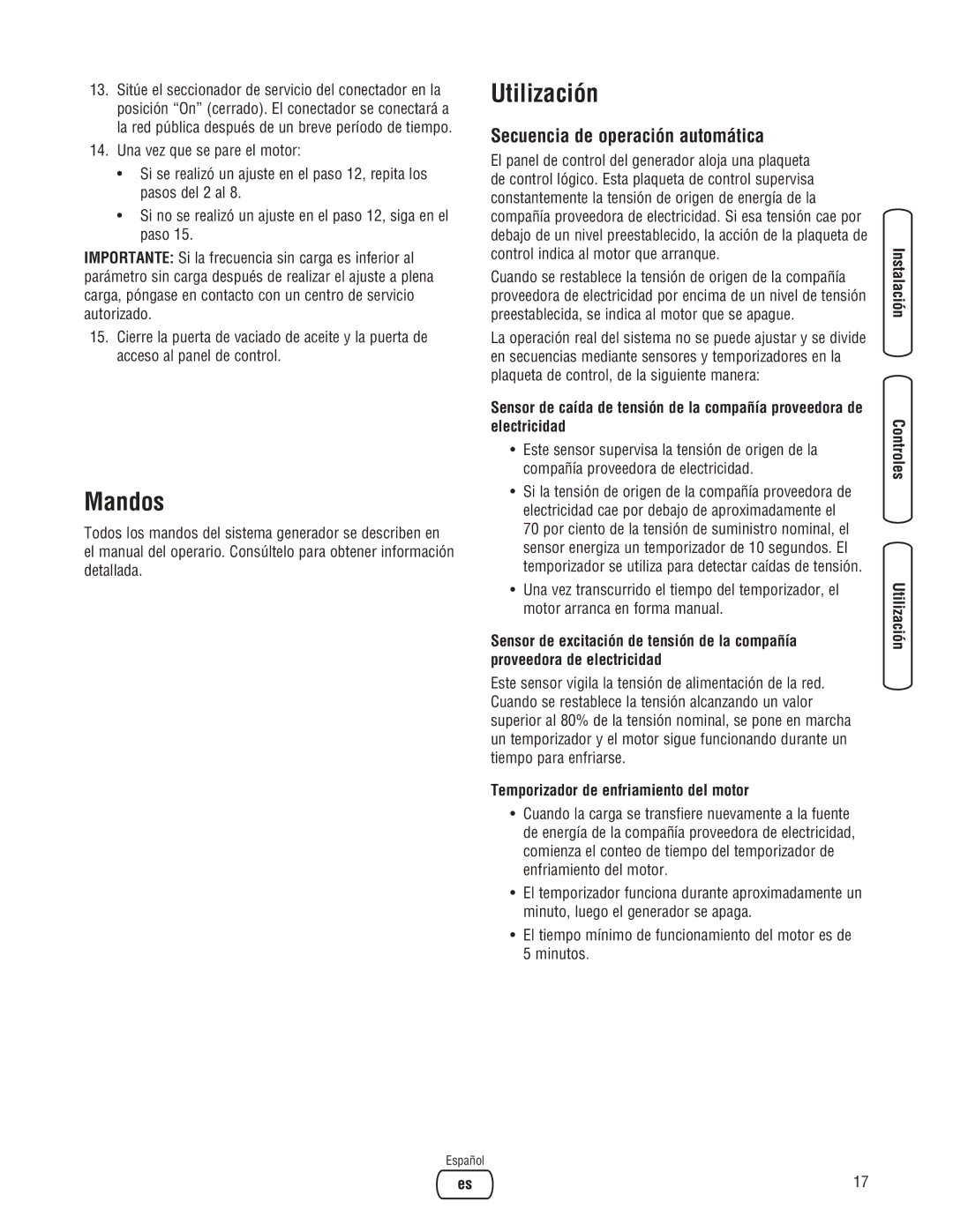 Briggs & Stratton 10000 Watt manual Mandos, Utilización, Secuencia de operación automática 