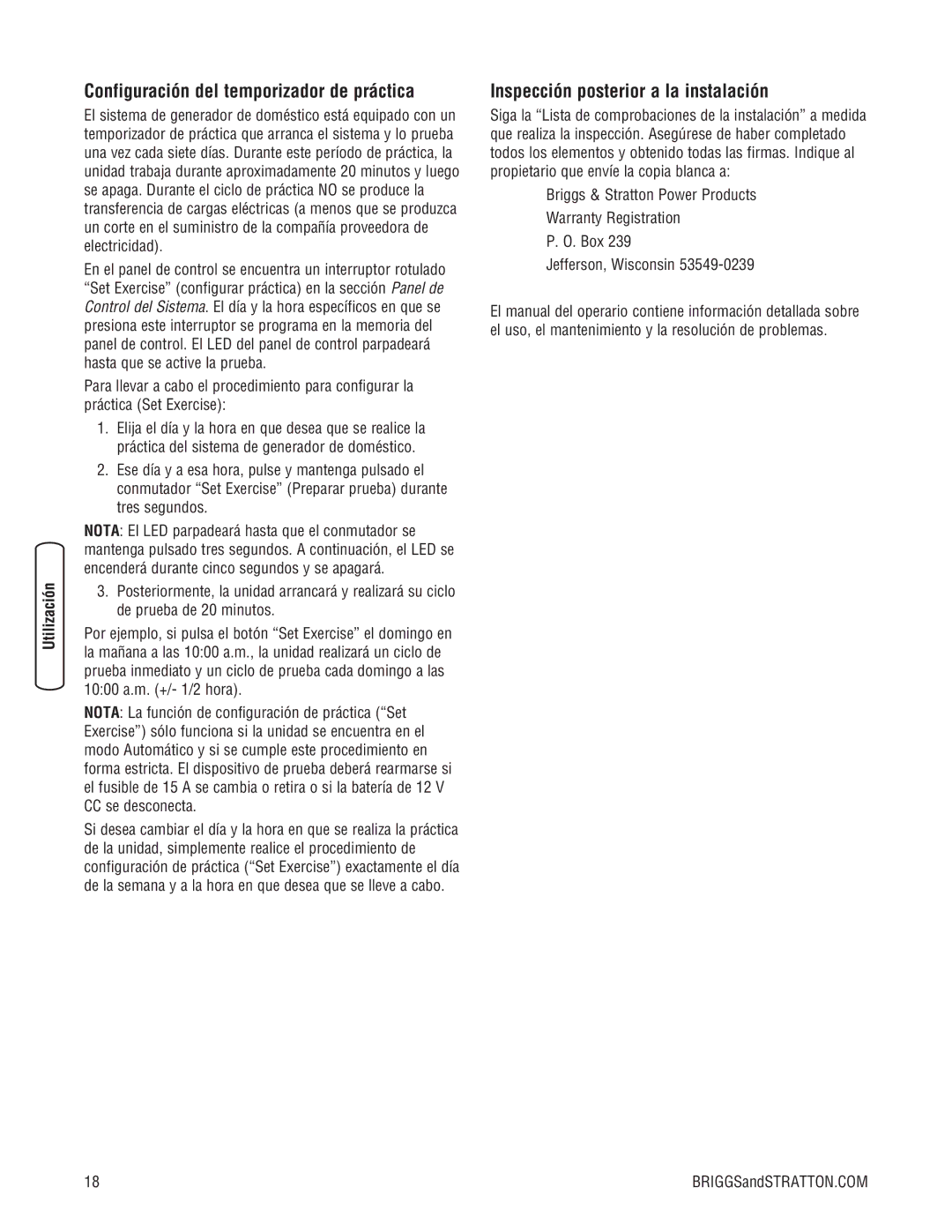 Briggs & Stratton 10000 Watt manual Configuración del temporizador de práctica, Inspección posterior a la instalación 