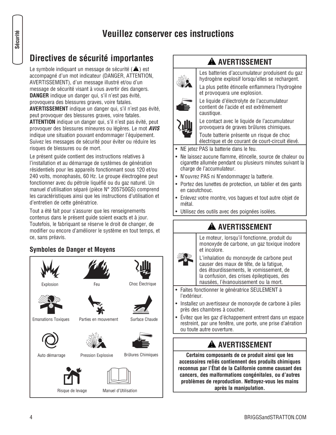 Briggs & Stratton 10000 Watt manual Directives de sécurité importantes, Symboles de Danger et Moyens, Sécurité 