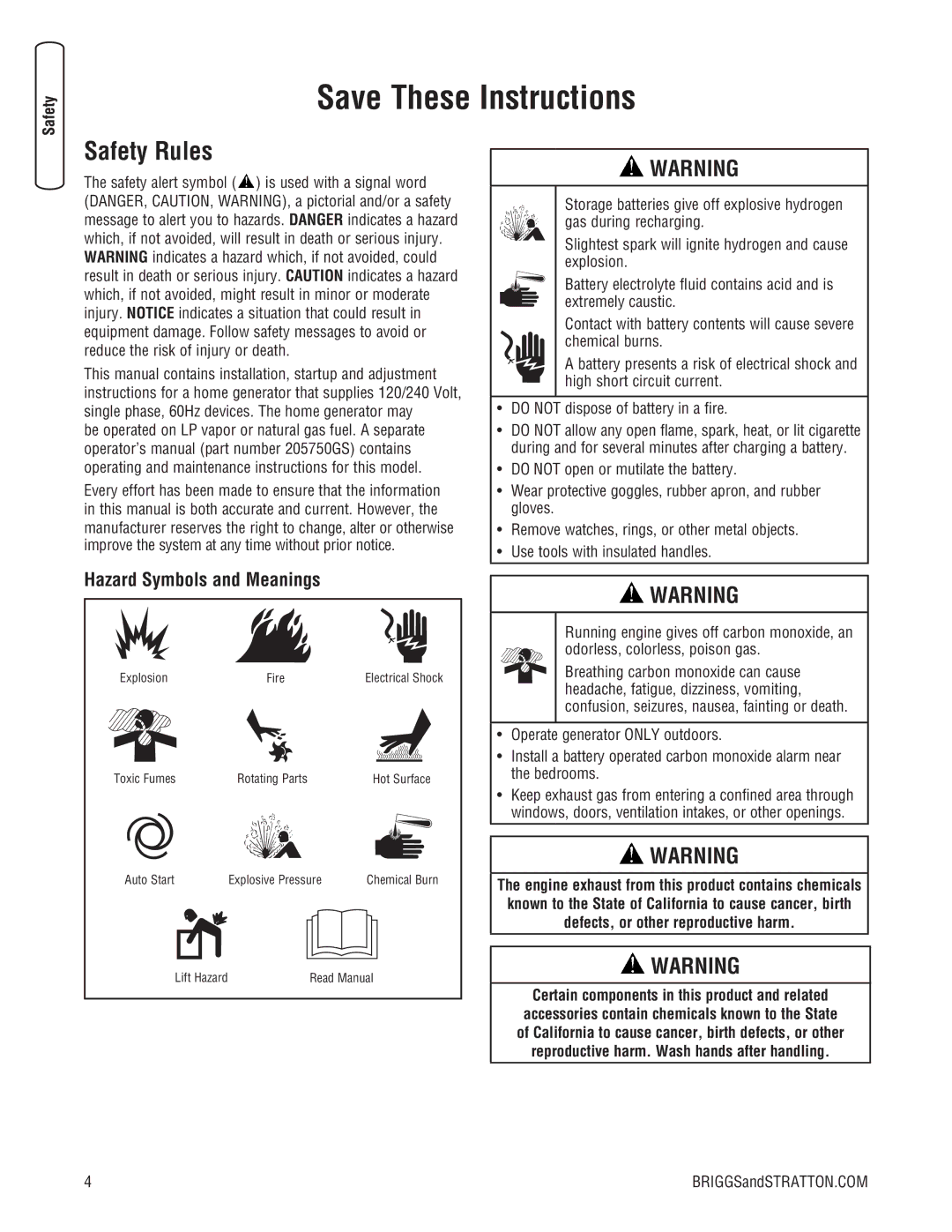 Briggs & Stratton 10000 Watt manual Safety Rules, Hazard Symbols and Meanings, BRIGGSandSTRATTON.COM 