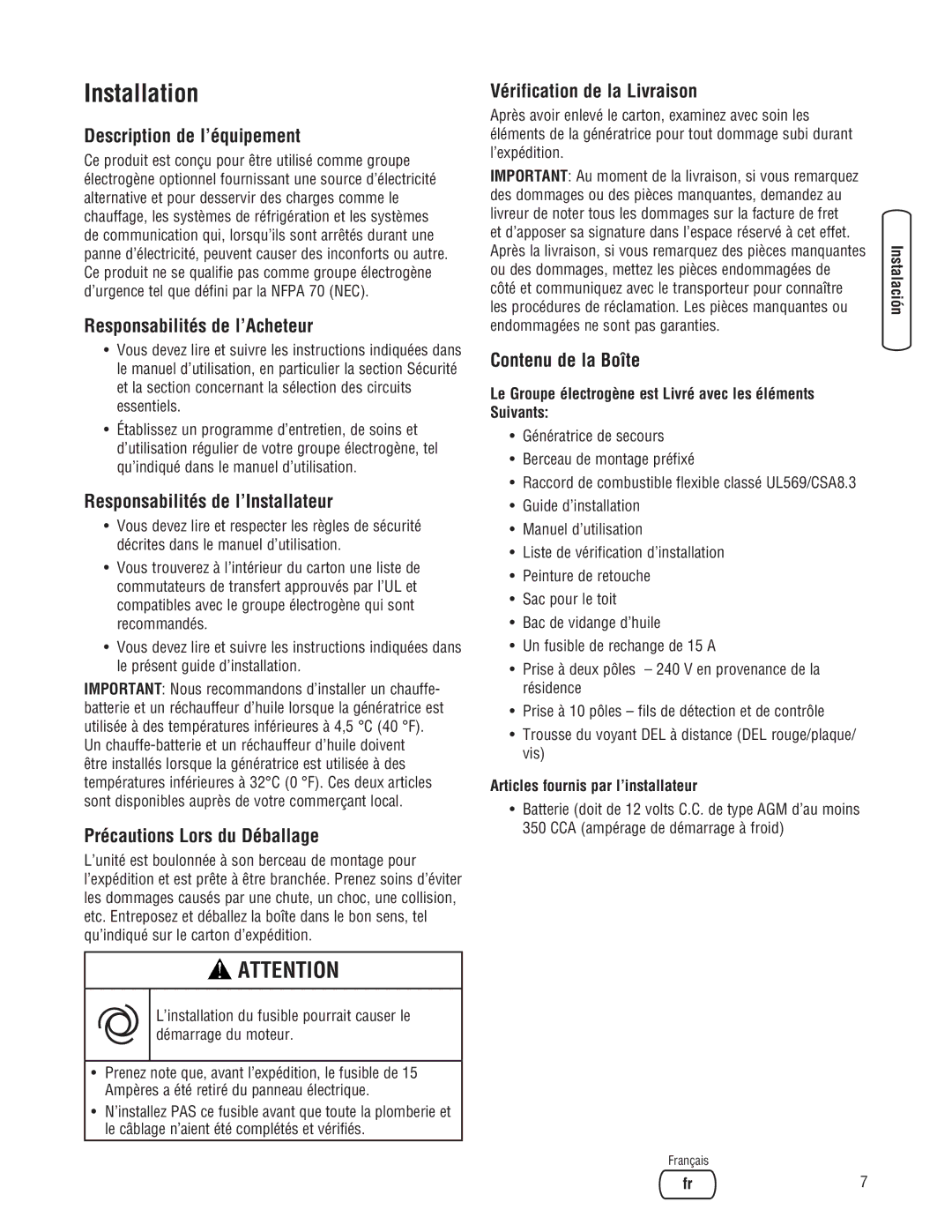 Briggs & Stratton 10000 Watt Description de l’équipement, Responsabilités de l’Acheteur, Responsabilités de l’Installateur 