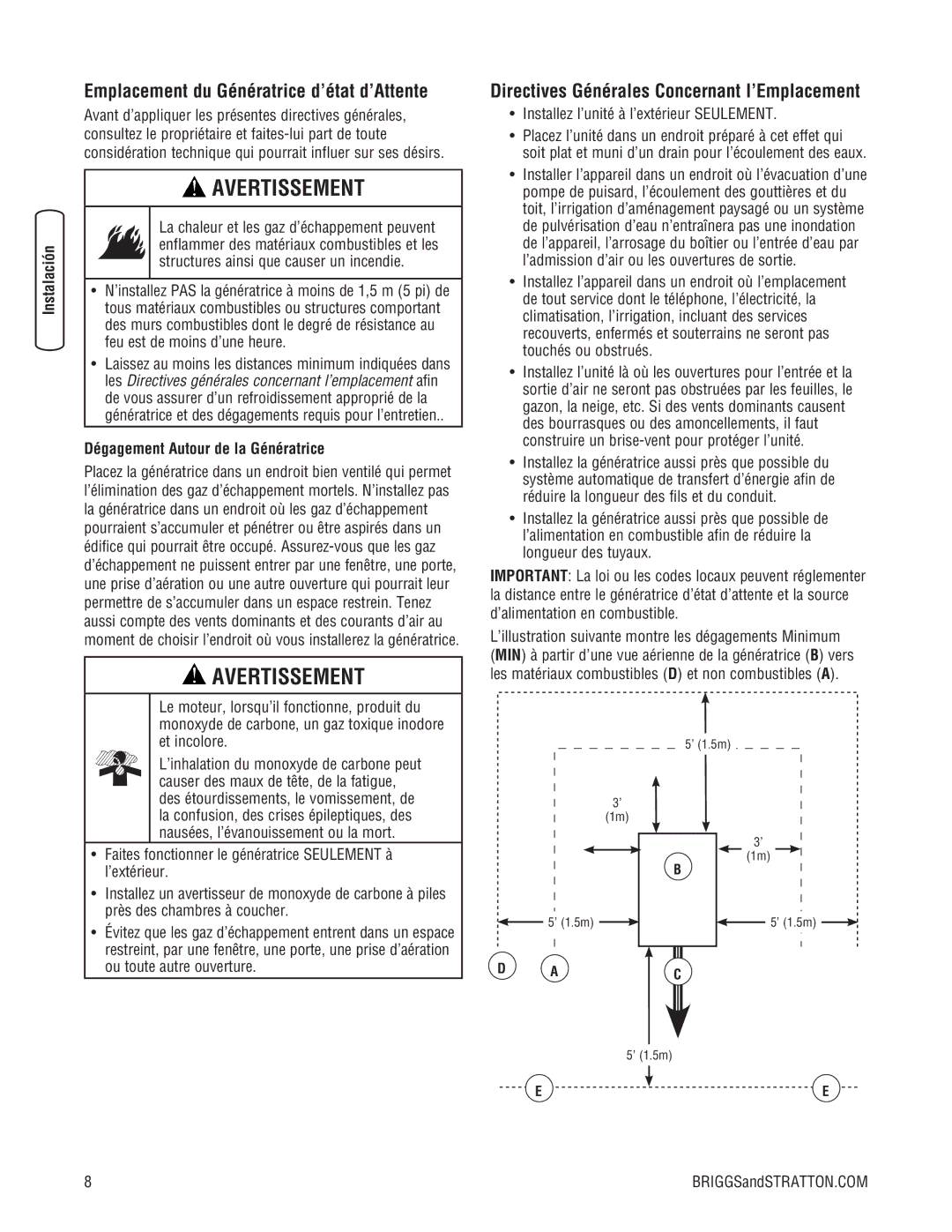 Briggs & Stratton 10000 Watt Emplacement du Génératrice d’état d’Attente, Directives Générales Concernant l’Emplacement 