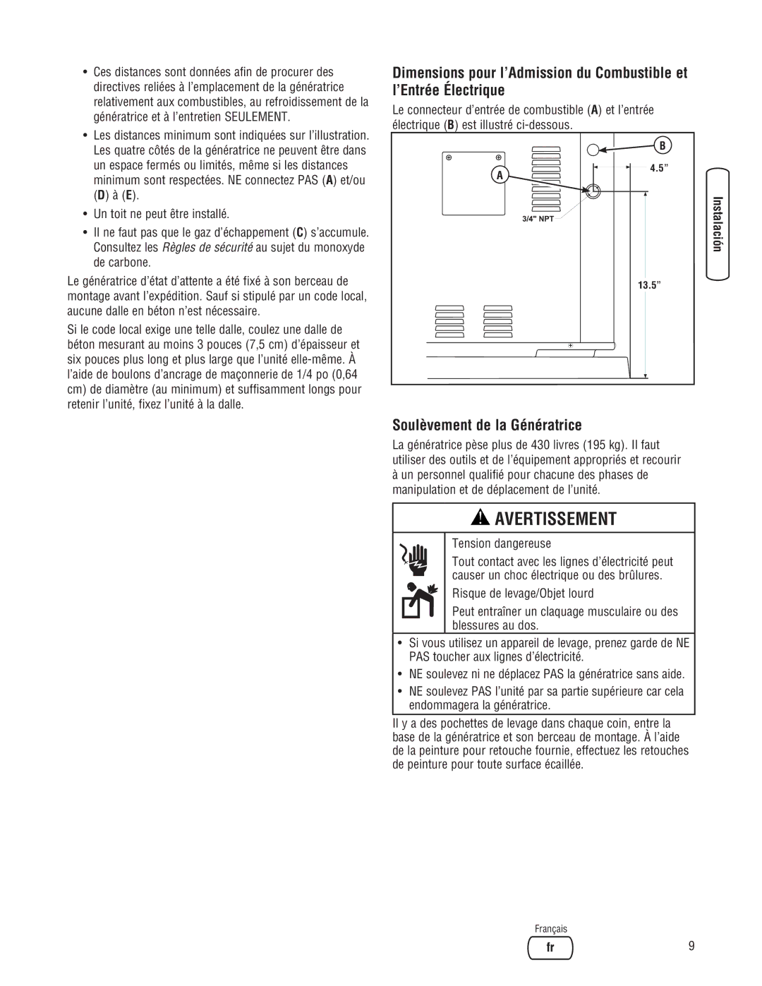 Briggs & Stratton 10000 Watt manual Soulèvement de la Génératrice, Tension dangereuse 