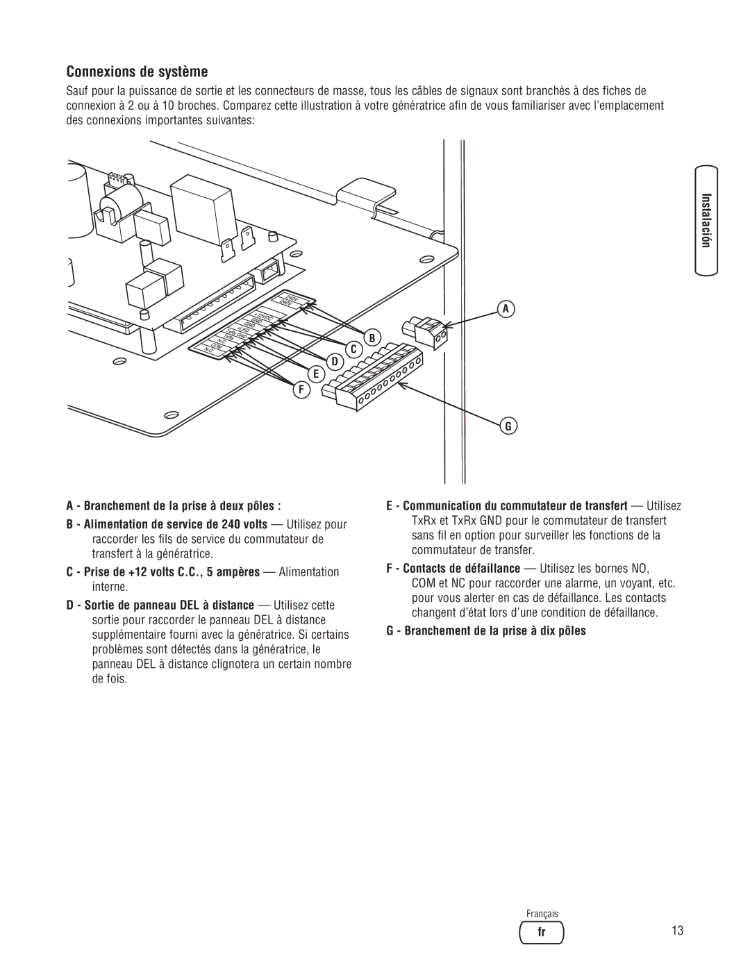 Briggs & Stratton 10000 Watt manual Connexions de système 