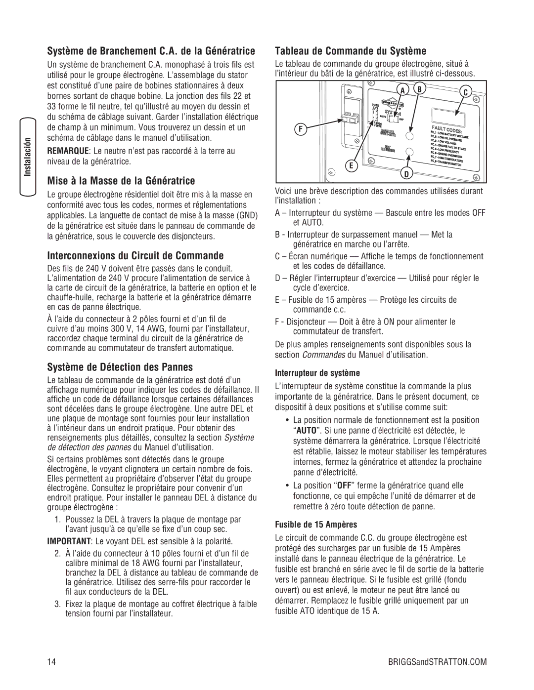 Briggs & Stratton 10000 Watt manual Mise à la Masse de la Génératrice, Interconnexions du Circuit de Commande 