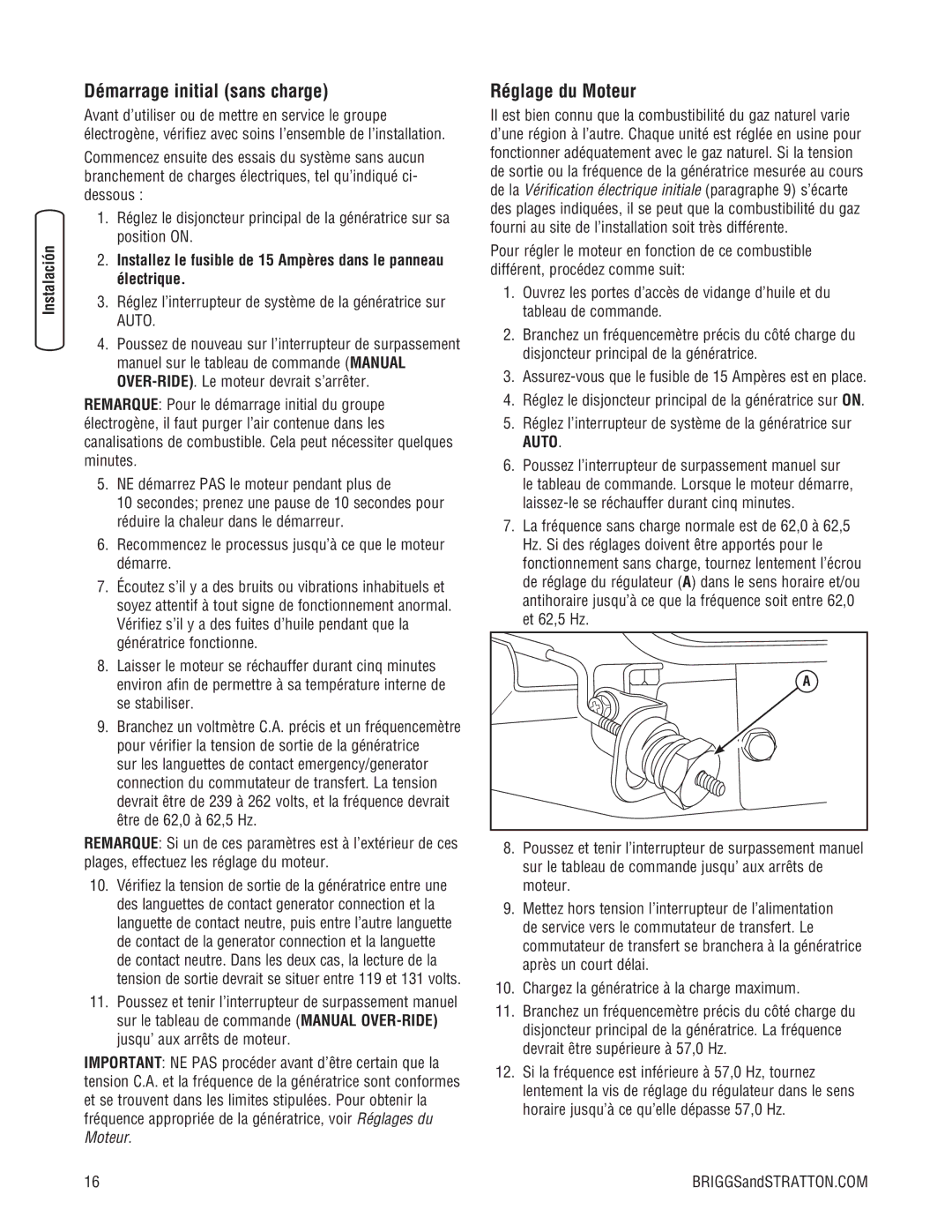 Briggs & Stratton 10000 Watt manual Démarrage initial sans charge, Réglage du Moteur 