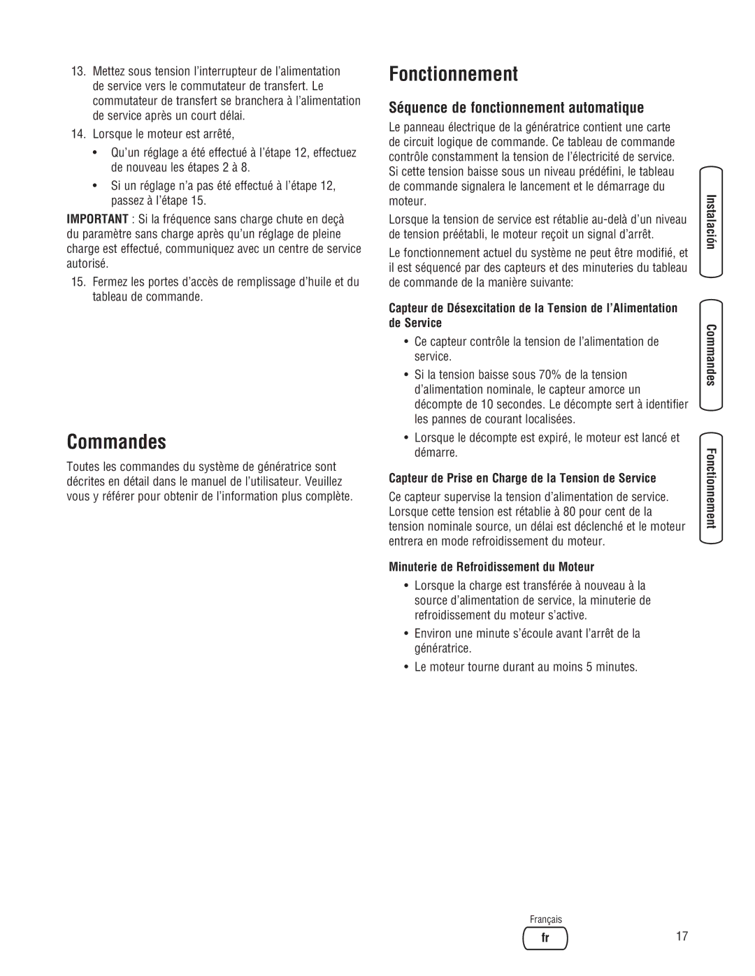 Briggs & Stratton 10000 Watt manual Commandes, Fonctionnement, Séquence de fonctionnement automatique 