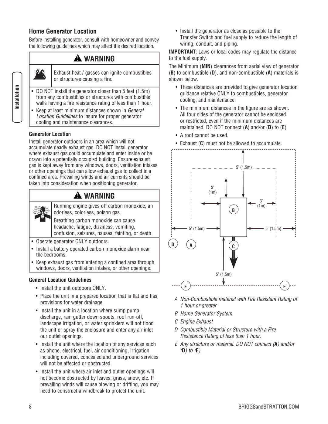 Briggs & Stratton 10000 Watt manual Home Generator Location, General Location Guidelines 