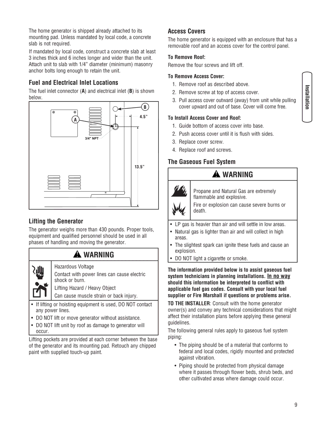 Briggs & Stratton 10000 Watt manual Fuel and Electrical Inlet Locations, Lifting the Generator, Access Covers 