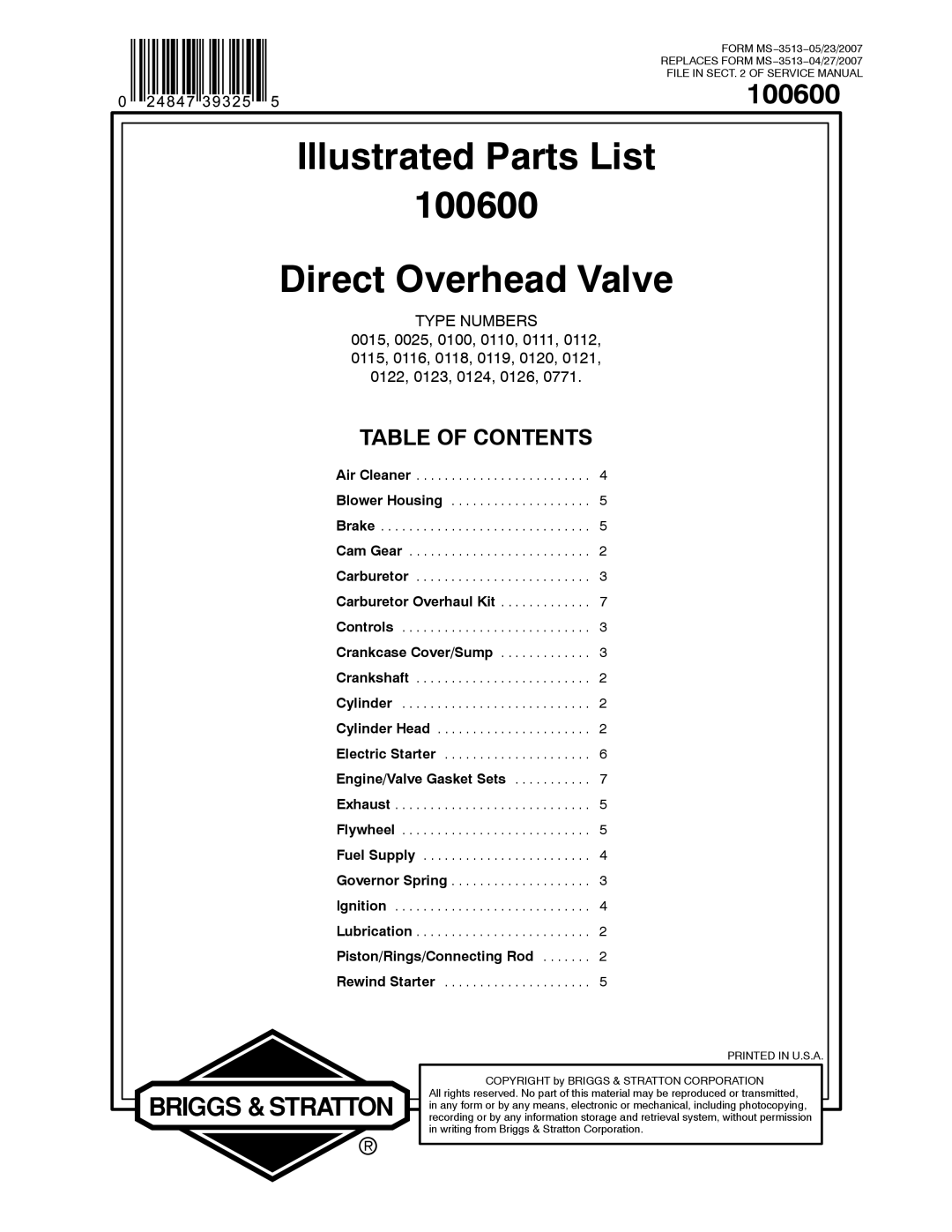 Briggs & Stratton service manual Illustrated Parts List 100600 Direct Overhead Valve 