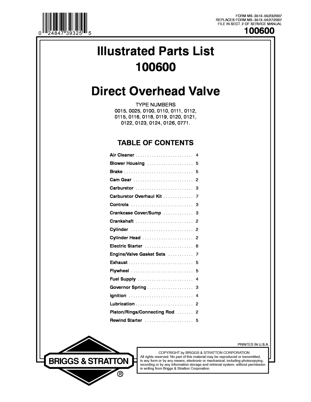 Briggs & Stratton 100600 service manual Illustrated Parts List, Direct Overhead Valve, Table Of Contents, Type Numbers 