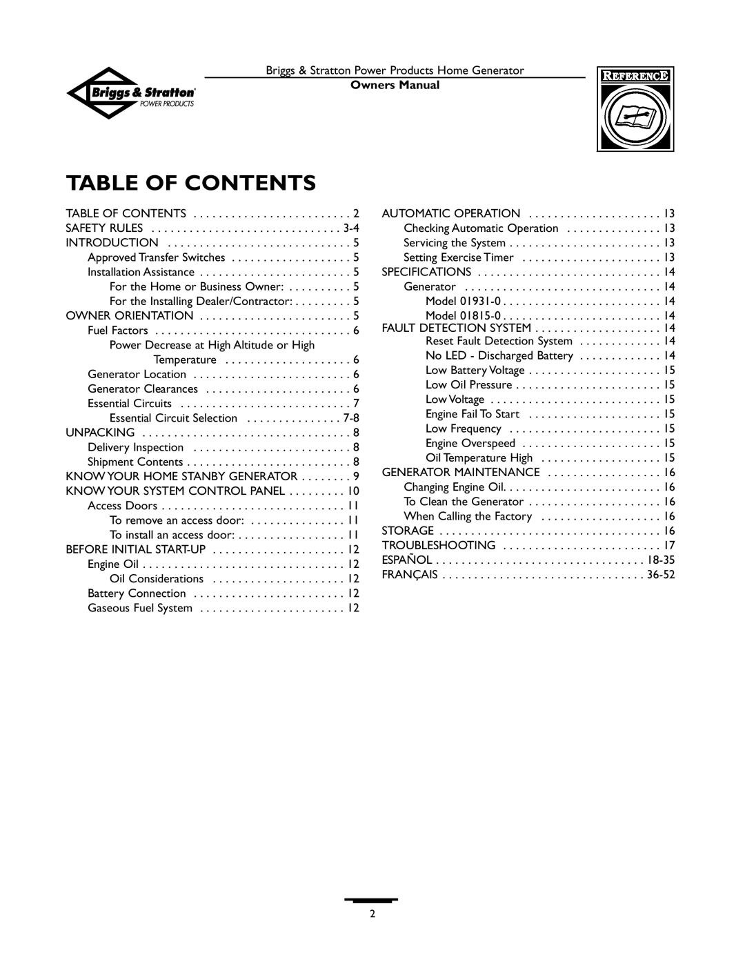 Briggs & Stratton 10KW, 12KW owner manual Table Of Contents 