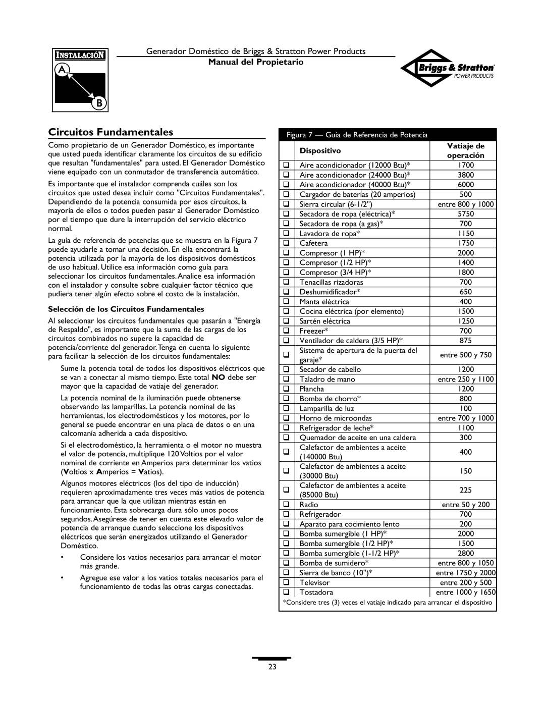 Briggs & Stratton 12KW, 10KW Manual del Propietario, Selección de los Circuitos Fundamentales, Dispositivo, Vatiaje de 