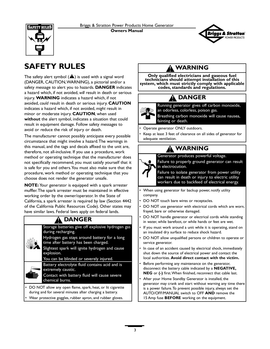Briggs & Stratton 12KW, 10KW owner manual Safety Rules, Danger 