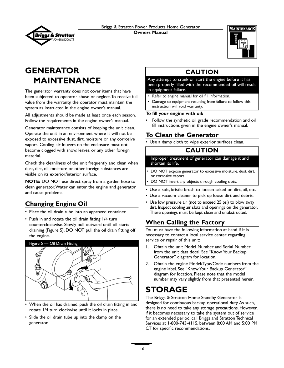 Briggs & Stratton 10KW, 12KW owner manual Generator Maintenance, Storage, Changing Engine Oil, To Clean the Generator 