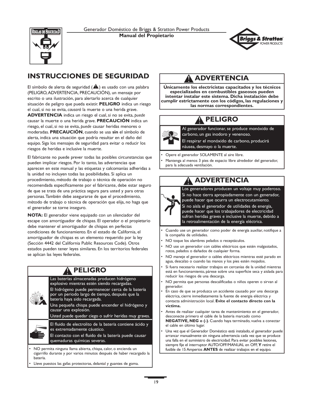 Briggs & Stratton 12KW, 10KW owner manual Instrucciones DE Seguridad, Peligro, Advertencia 