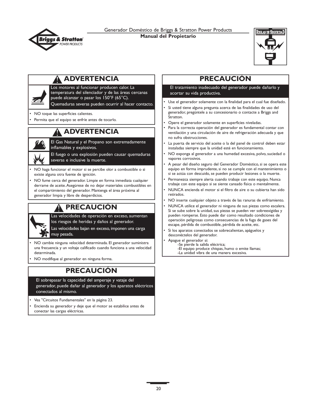 Briggs & Stratton 10KW, 12KW owner manual Precaución 