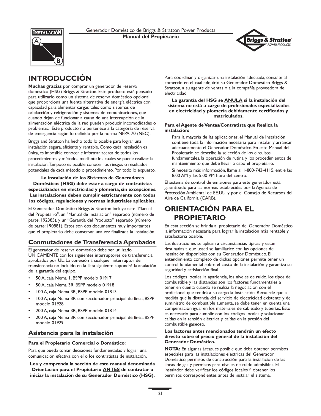 Briggs & Stratton 12KW, 10KW Introducción, Orientación Para EL Propietario, Conmutadores de Transferencia Aprobados 