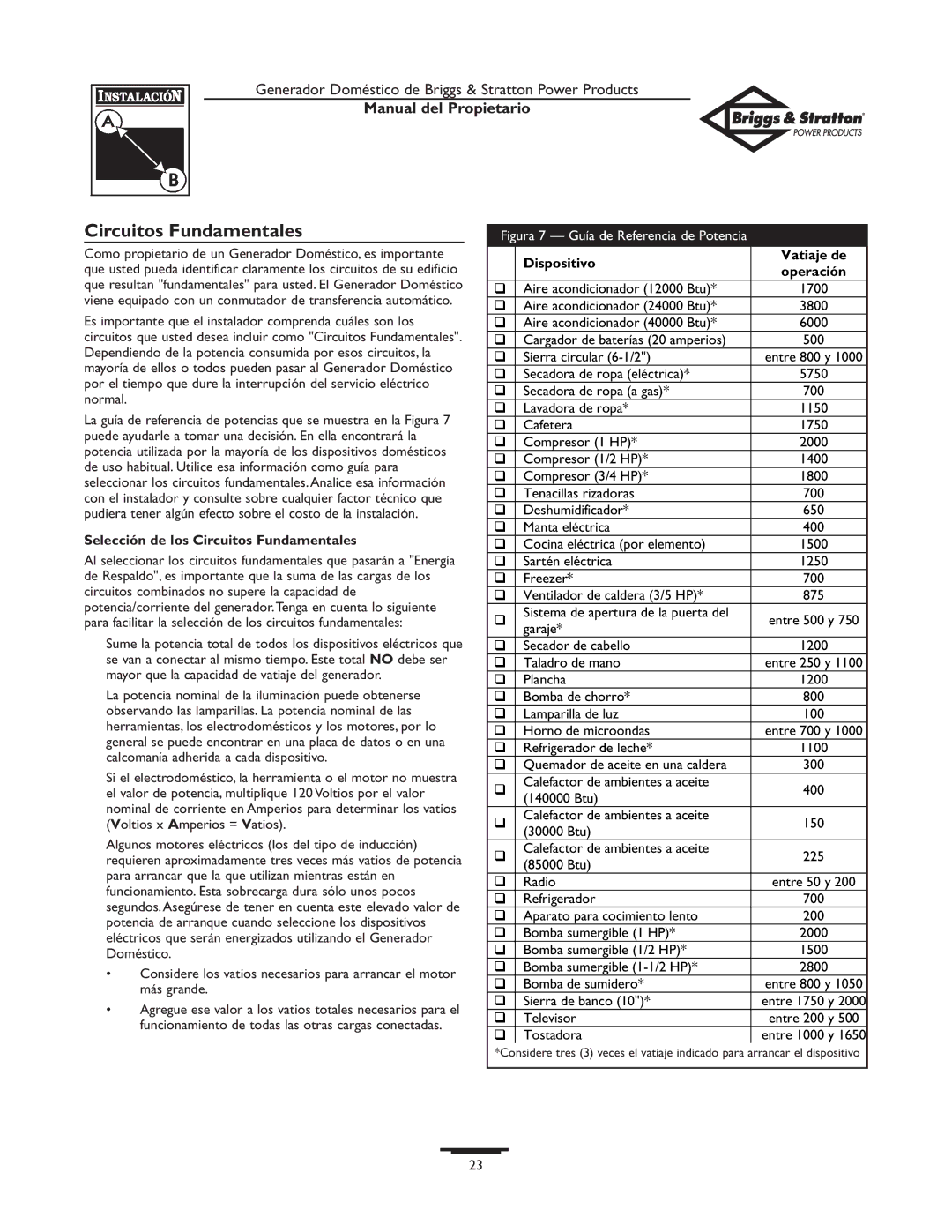 Briggs & Stratton 12KW, 10KW owner manual Selección de los Circuitos Fundamentales, Dispositivo Vatiaje de 