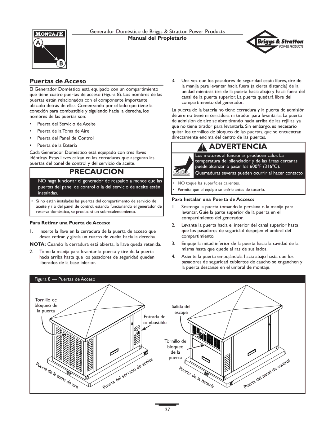 Briggs & Stratton 12KW, 10KW Puertas de Acceso, Para Retirar una Puerta de Acceso, Para Instalar una Puerta de Acceso 