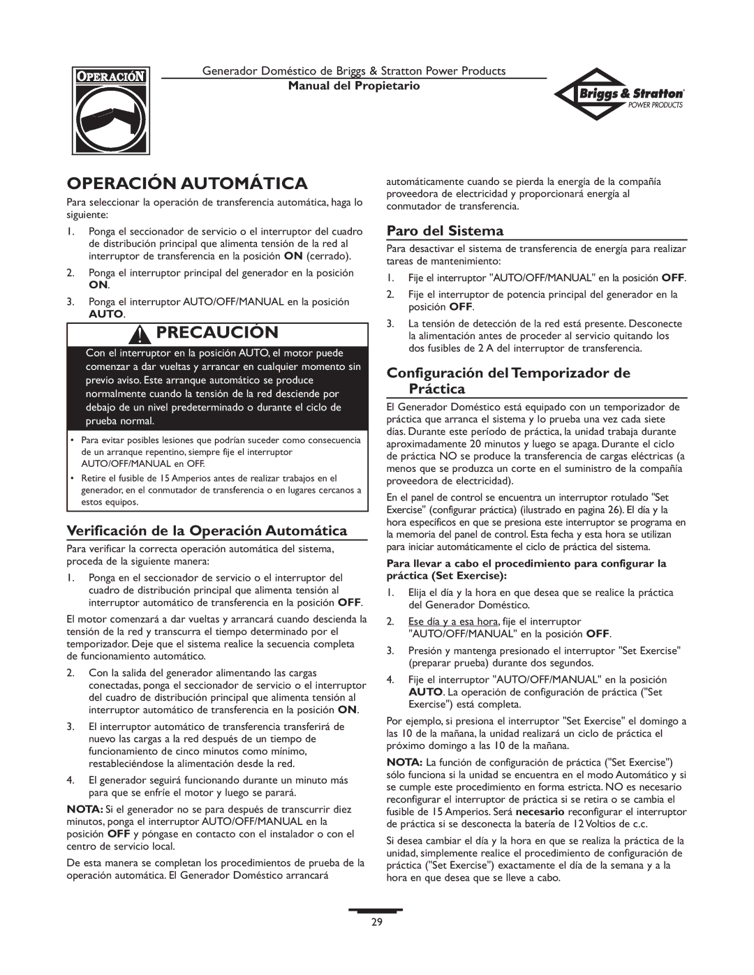 Briggs & Stratton 12KW, 10KW owner manual Verificación de la Operación Automática, Paro del Sistema 