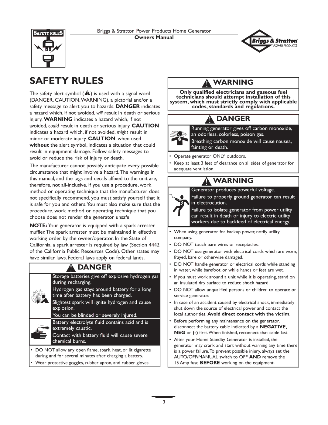 Briggs & Stratton 12KW, 10KW owner manual Safety Rules 