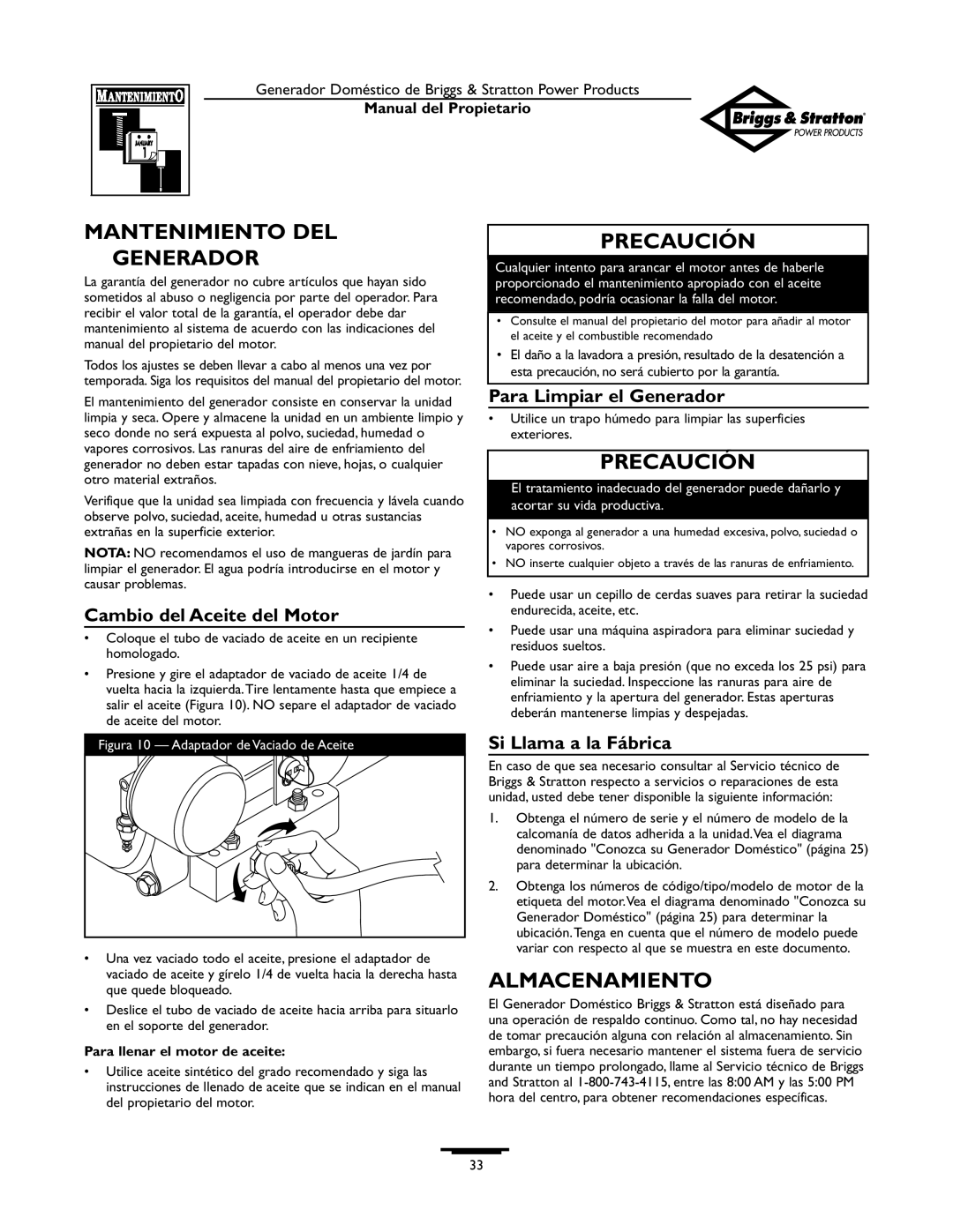 Briggs & Stratton 12KW Mantenimiento DEL Generador, Almacenamiento, Cambio del Aceite del Motor, Para Limpiar el Generador 