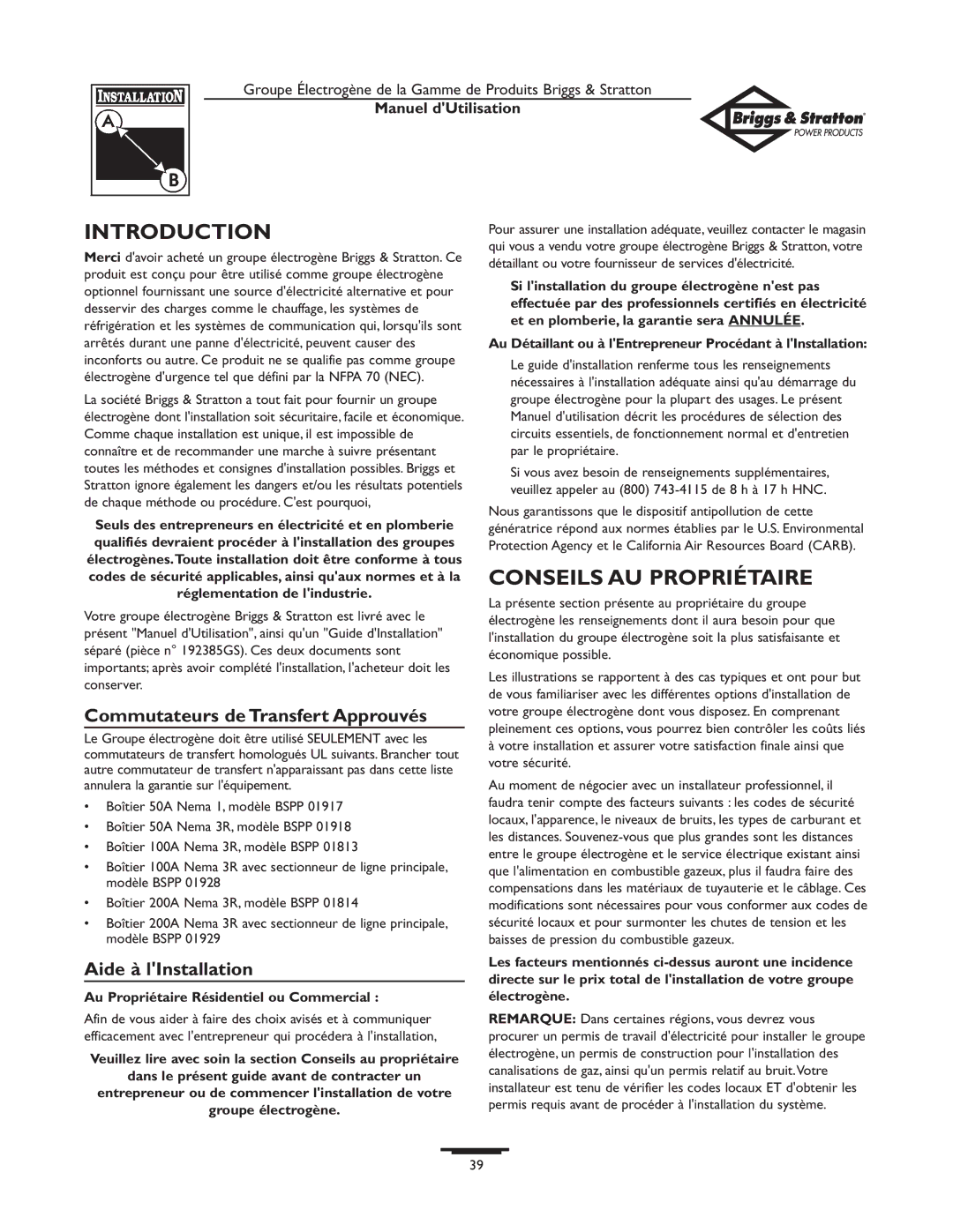 Briggs & Stratton 12KW Introduction, Conseils AU Propriétaire, Commutateurs de Transfert Approuvés, Aide à lInstallation 