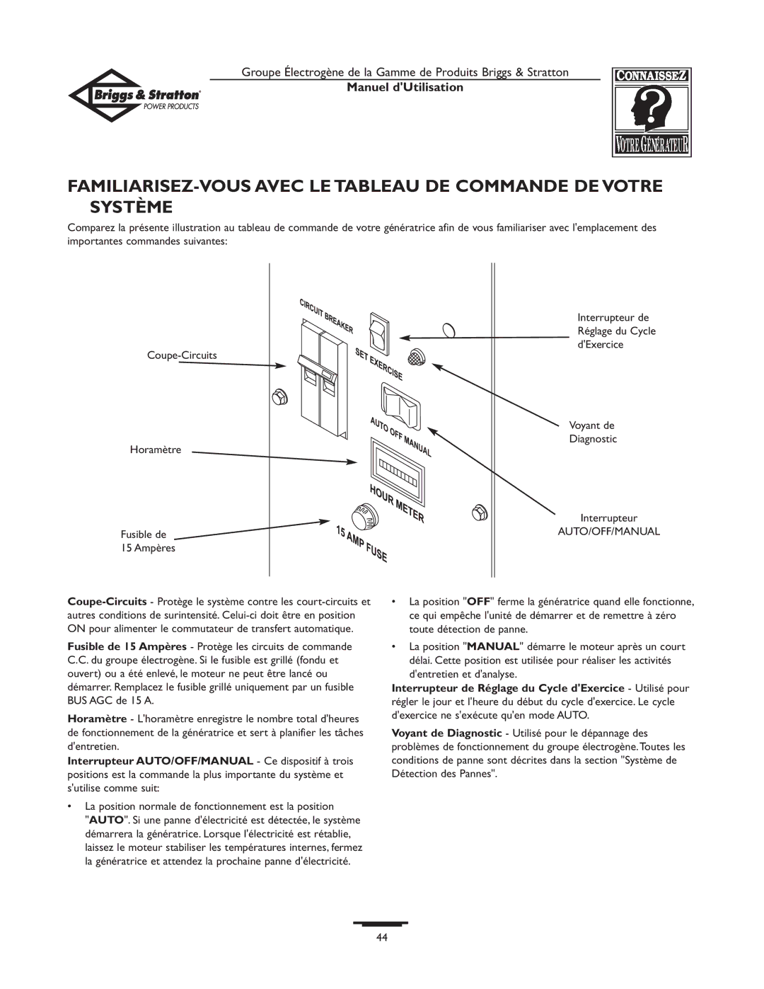 Briggs & Stratton 10KW, 12KW owner manual La position normale de fonctionnement est la position 