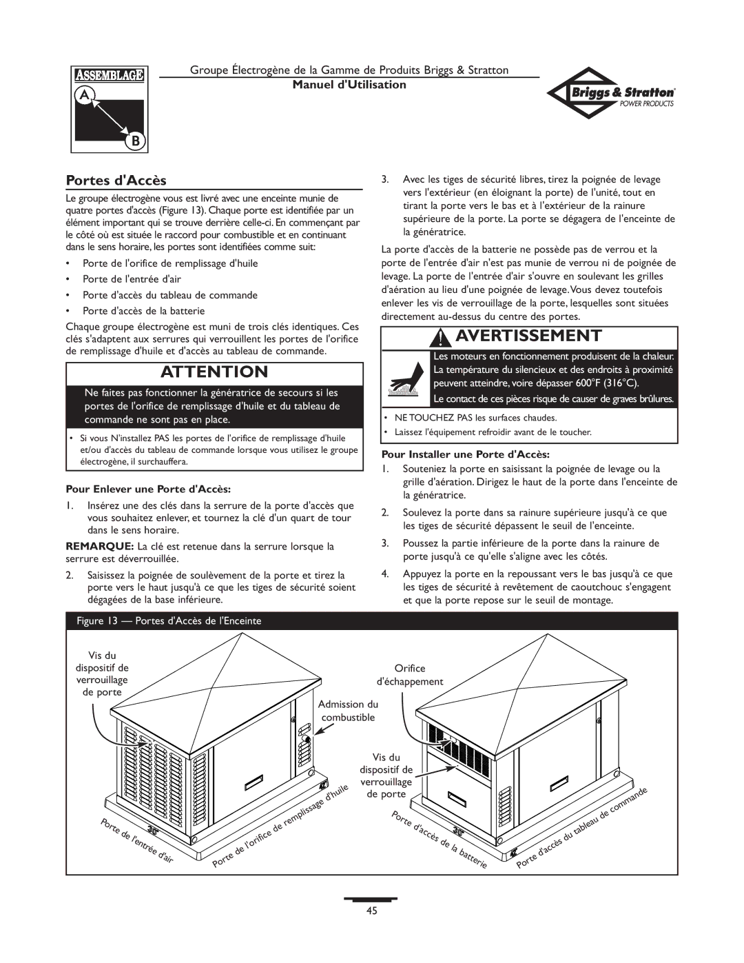 Briggs & Stratton 12KW, 10KW owner manual Portes dAccès, Pour Enlever une Porte dAccès, Pour Installer une Porte dAccès 