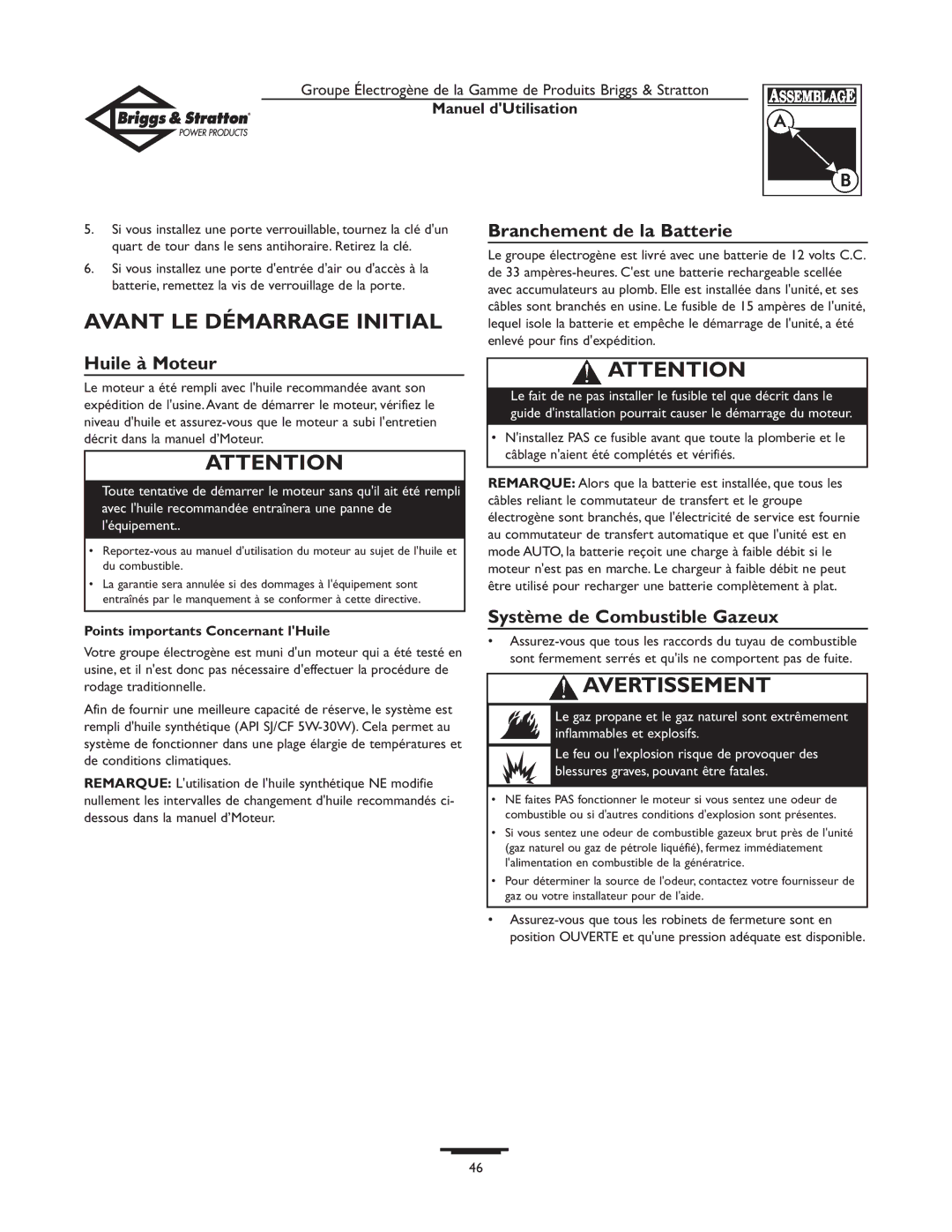 Briggs & Stratton 10KW, 12KW owner manual Avant LE Démarrage Initial, Branchement de la Batterie, Huile à Moteur 