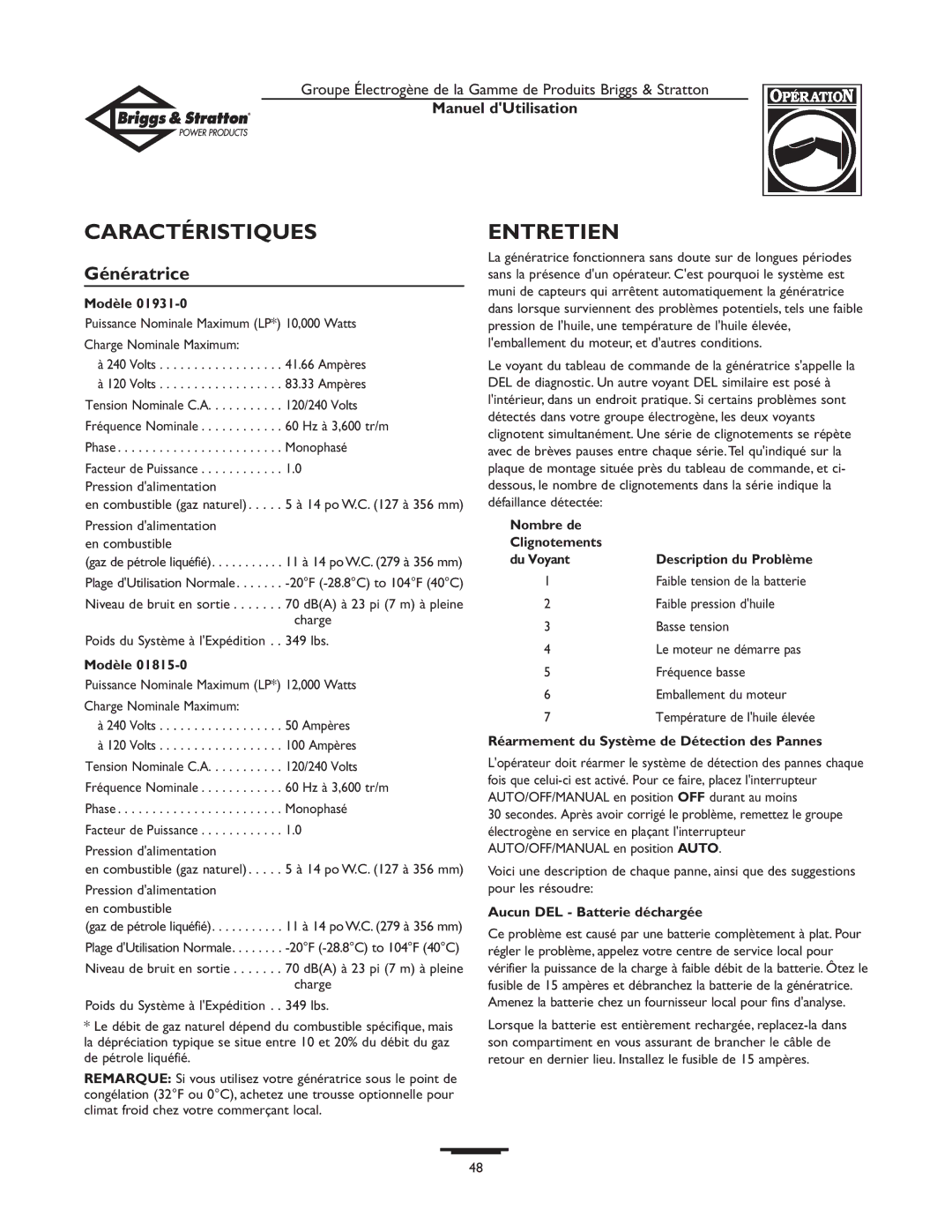 Briggs & Stratton 10KW, 12KW owner manual Caractéristiques, Entretien, Génératrice 