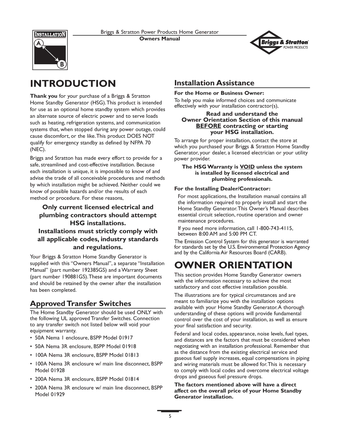 Briggs & Stratton 12KW, 10KW Introduction, Owner Orientation, Approved Transfer Switches, Installation Assistance 