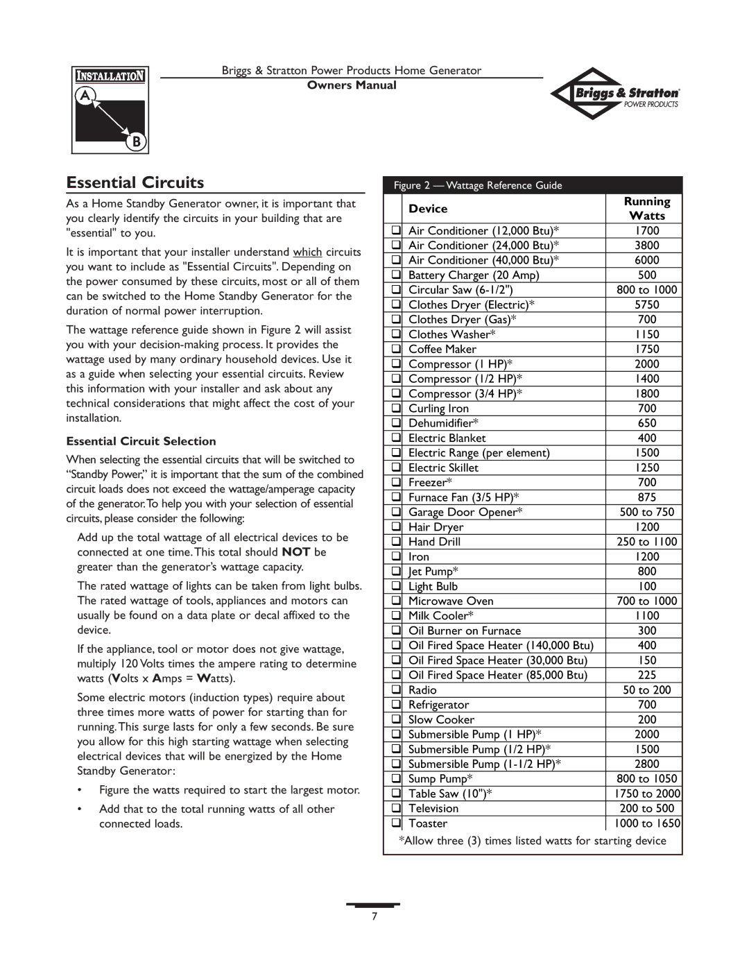 Briggs & Stratton 12KW, 10KW owner manual Essential Circuits, Essential Circuit Selection, Device Running Watts 