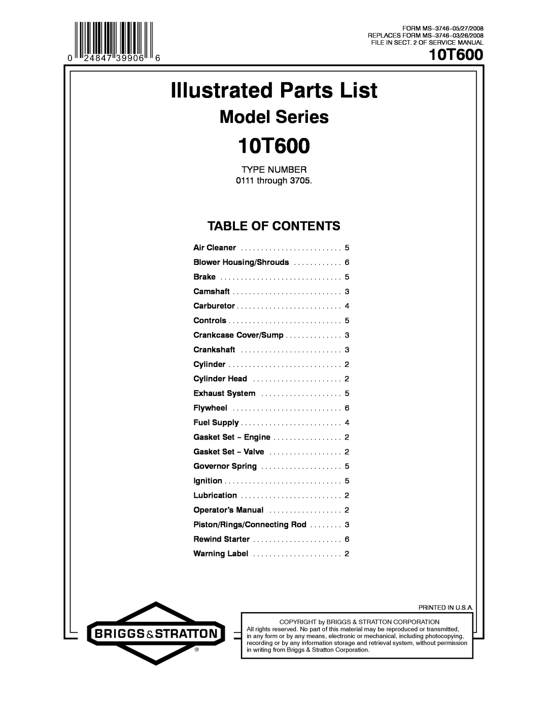 Briggs & Stratton 10T600 service manual Illustrated Parts List, Model Series, Table Of Contents, TYPE NUMBER 0111 through 