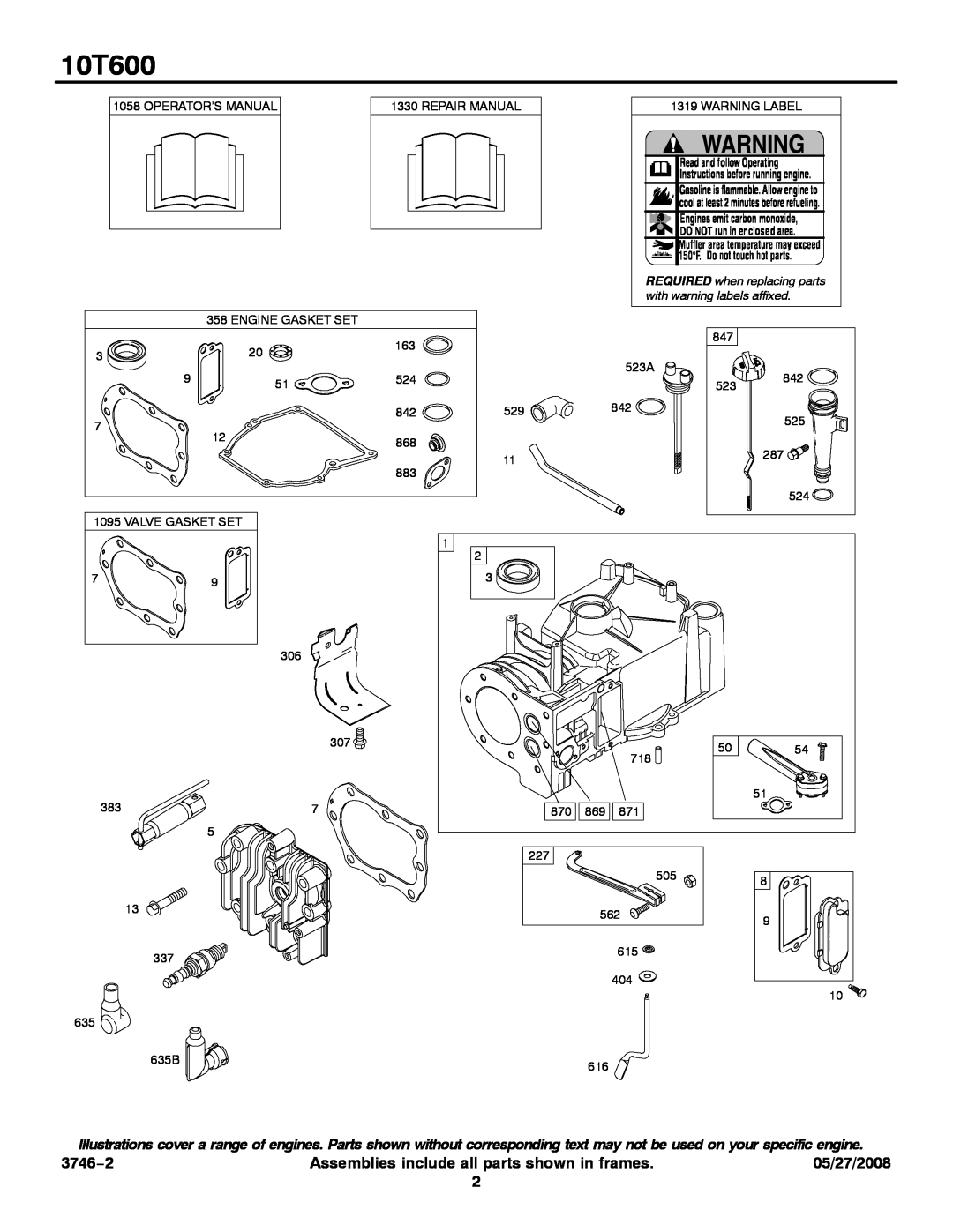 Briggs & Stratton 10T600 3746−2, Assemblies include all parts shown in frames, 05/27/2008, REQUIRED when replacing parts 