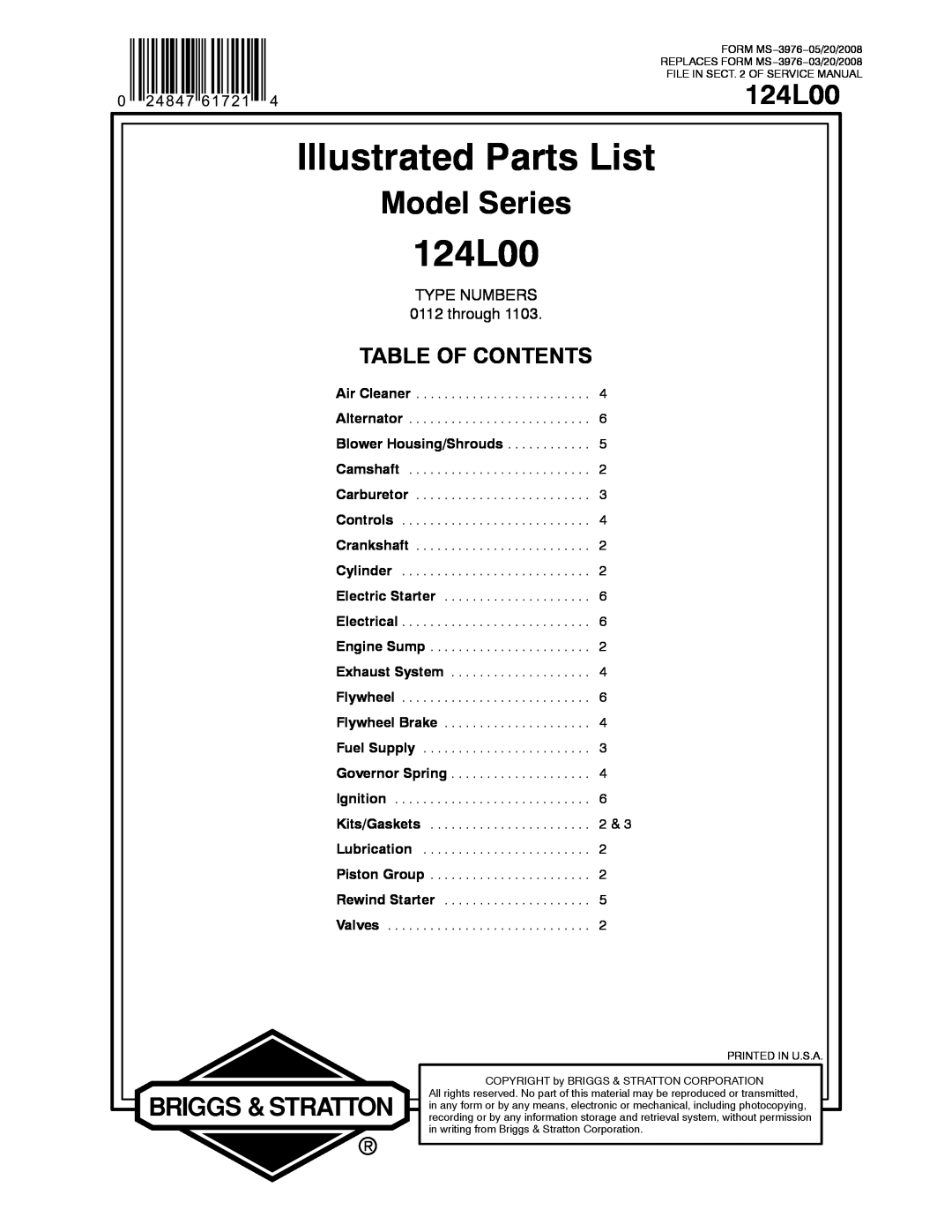 Briggs & Stratton 124L00 service manual Illustrated Parts List, Model Series, Table Of Contents, TYPE NUMBERS 0112 through 