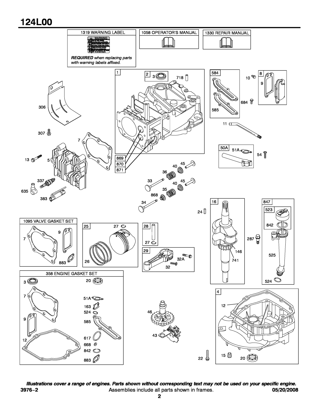 Briggs & Stratton 124L00 service manual 3976−2, Assemblies include all parts shown in frames, 05/20/2008 