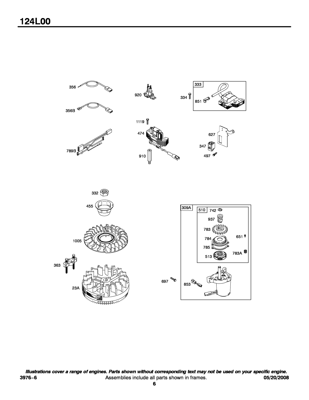 Briggs & Stratton 124L00 service manual 3976−6, Assemblies include all parts shown in frames, 05/20/2008 