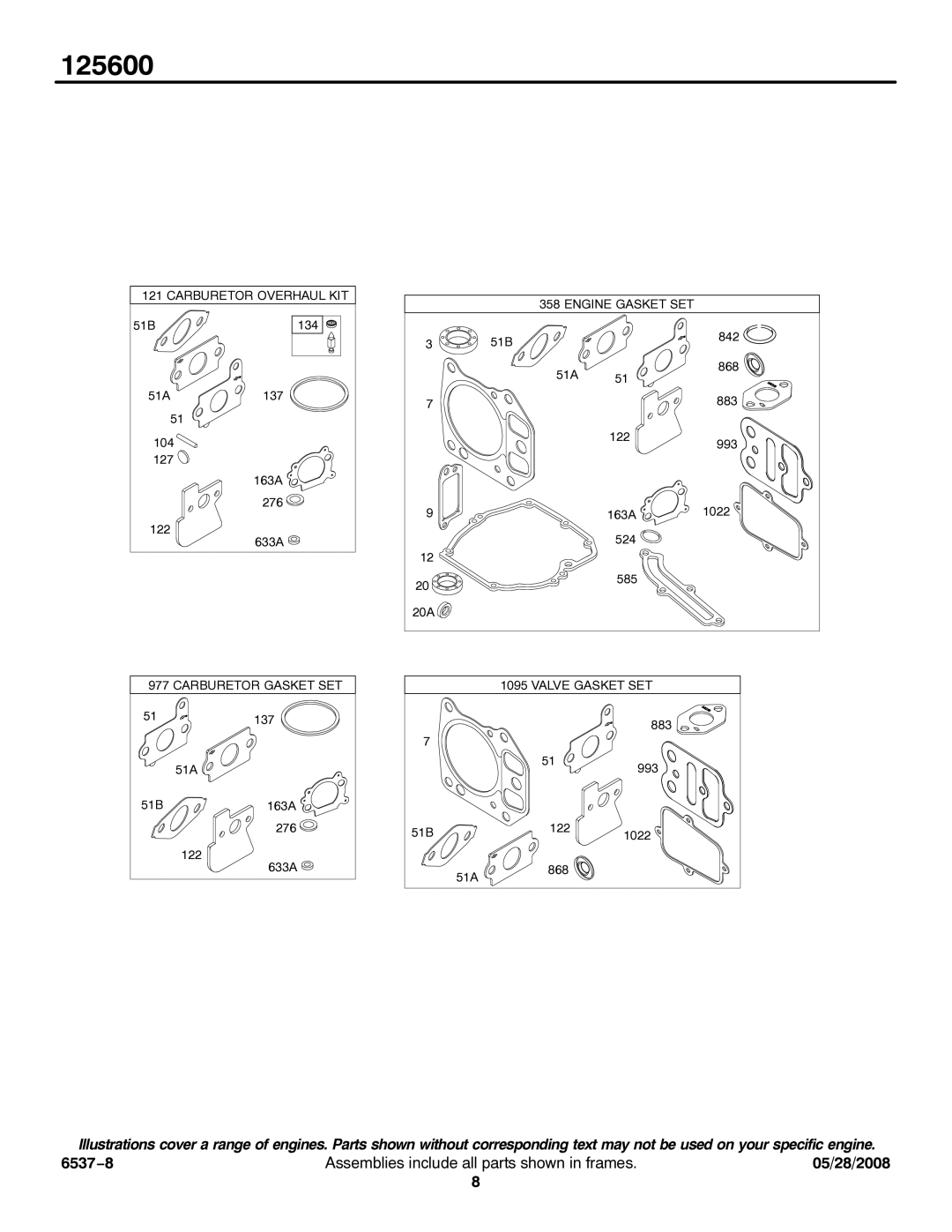 Briggs & Stratton 125600 service manual Carburetor Overhaul KIT 